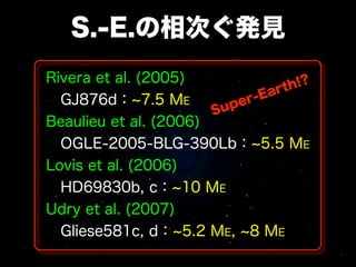 S.-E.の相次ぐ発見
Rivera et al. (2005)                h!?
                                 rt
 GJ876d： 7.5 ME            er-Ea
                       S up
Beaulieu et al. (2006)
 OGLE-2005-BLG-390Lb： 5.5 ME
Lovis et al. (2006)
 HD69830b, c： 10 ME
Udry et al. (2007)
 Gliese581c, d： 5.2 ME, 8 ME
 