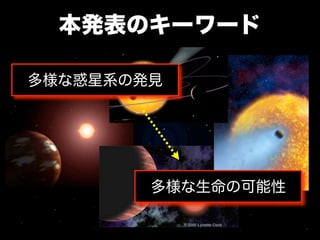 本発表のキーワード

多様な惑星系の発見




        多様な生命の可能性
 