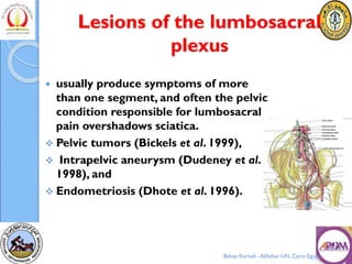 Lesions of the lumbosacral
plexus
 usually produce symptoms of more
than one segment, and often the pelvic
condition responsible for lumbosacral
pain overshadows sciatica.
❖ Pelvic tumors (Bickels et al. 1999),
❖ Intrapelvic aneurysm (Dudeney et al.
1998), and
❖ Endometriosis (Dhote et al. 1996).
Bahaa Kornah -AlAzhar UN. Cairo Egypt
 