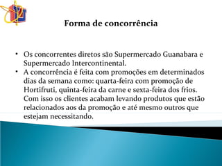 • Os concorrentes diretos são Supermercado Guanabara e
Supermercado Intercontinental.
• A concorrência é feita com promoções em determinados
dias da semana como: quarta-feira com promoção de
Hortifruti, quinta-feira da carne e sexta-feira dos frios.
Com isso os clientes acabam levando produtos que estão
relacionados aos da promoção e até mesmo outros que
estejam necessitando.
Forma de concorrência
 