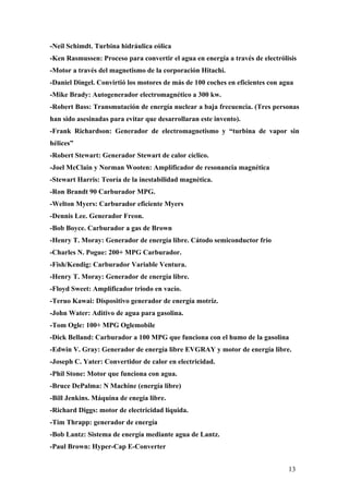 -Neil Schimdt. Turbina hidráulica eólica
-Ken Rasmussen: Proceso para convertir el agua en energía a través de electrólisis
-Motor a través del magnetismo de la corporación Hitachi.
-Daniel Dingel. Convirtió los motores de más de 100 coches en eficientes con agua
-Mike Brady: Autogenerador electromagnético a 300 kw.
-Robert Bass: Transmutación de energía nuclear a baja frecuencia. (Tres personas
han sido asesinadas para evitar que desarrollaran este invento).
-Frank Richardson: Generador de electromagnetismo y “turbina de vapor sin
hélices”
-Robert Stewart: Generador Stewart de calor cíclico.
-Joel McClain y Norman Wooten: Amplificador de resonancia magnética
-Stewart Harris: Teoría de la inestabilidad magnética.
-Ron Brandt 90 Carburador MPG.
-Welton Myers: Carburador eficiente Myers
-Dennis Lee. Generador Freon.
-Bob Boyce. Carburador a gas de Brown
-Henry T. Moray: Generador de energía libre. Cátodo semiconductor frío
-Charles N. Pogue: 200+ MPG Carburador.
-Fish/Kendig: Carburador Variable Ventura.
-Henry T. Moray: Generador de energía libre.
-Floyd Sweet: Amplificador triodo en vacío.
-Teruo Kawai: Dispositivo generador de energía motriz.
-John Water: Aditivo de agua para gasolina.
-Tom Ogle: 100+ MPG Oglemobile
-Dick Belland: Carburador a 100 MPG que funciona con el humo de la gasolina
-Edwin V. Gray: Generador de energía libre EVGRAY y motor de energía libre.
-Joseph C. Yater: Convertidor de calor en electricidad.
-Phil Stone: Motor que funciona con agua.
-Bruce DePalma: N Machine (energía libre)
-Bill Jenkins. Máquina de enegía libre.
-Richard Diggs: motor de electricidad líquida.
-Tim Thrapp: generador de energía
-Bob Lantz: Sistema de energía mediante agua de Lantz.
-Paul Brown: Hyper-Cap E-Converter
13

 