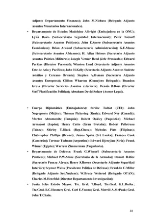 Adjunto Departamento Finanzas); John M.Niehuss (Delegado Adjunto
Asuntos Monetarios Internacionales).
• Departamento de Estado: Madeleine Albright (Embajadora en la ONU);
Lynn Davis (Subsecretario Seguridad Internacional); Peter Tarnoff
(Subsecretario Asuntos Políticos); John E.Spero (Subsecretario Asuntos
Económicos); Brian Atwood (Subsecretario Administración); G.E.Moose
(Subsecretario Asuntos Africanos); H. Allen Holmes (Secretario Adjunto
Asuntos Político-Militares); Joseph Verner Reed (Jefe Protocolo); Edward
Perkins (Director Personal); Winston Lord (Secretario Adjunto Asuntos
Este de Asia y Pacífico); John H.Kelly (Secretario Adjunto Asuntos Sudeste
Asiático y Cercano Oriente); Stephen A.Oxman (Secretario Adjunto
Asuntos Europeos)); Clifton Wharton (Consejero Delegado); Brandon
Grove (Director Servicios Asuntos exteriores); Dennis B.Ross (Director
Staff Planificación Política); Abraham David Sofaer (Asesor Legal).
• Cuerpo Diplomático (Embajadores): Strobe Talbot (CEI); John
Negroponte (Méjico); Thomas Pickering (Rusia); Edward Ney (Canadá);
Morton Abramowitz (Turquía); Robert Oakley (Paquistán); Michael
Armacost (Japón); Henry Catto (Gran Bretaña); Robert Pelletreau
(Túnez); Shirley T.Black (Rep.Checa); Nicholas Platt (Filipinas);
Christopher Phillips (Brunei); James Spain (Sri Lanka); Frances Cook
(Camerún); Terence Todman (Argentina); Edward Djerejlan (Siria); Frank
Wisner (Egipto); Warrem Zimmerman (Yugoslavia).
• Departamento de Defensa: Frank G.Wisnerll (Subsecretario Asuntos
Políticos); Michael P.W.Stone (Secretario de la Armada); Donald B.Rice
(Secretario Fuerza Aérea); Henry S.Rowen (Secretario Adjunto Seguridad
Interior); Seymur Weiss (Presidente Política de Defensa); Franklin C.Miller
(Delegado Adjunto Sec.Nuclear); W.Bruce Weinrod (Delegado OTAN);
Charles M.Herzfeld (Director Departamento Investigación);
• Junta Jefes Estado Mayor: Tte. Gral. T.Boyd; Tte.Gral. G.L.Butler;
Tte.Gral. B.C.Hosmer; Gral. Carl E.Vuono; Gral. Merrill A.McPeak; Gral.
John T.Chain.
48
 