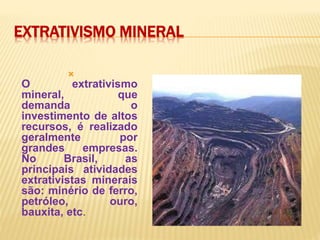 EXTRATIVISMO MINERAL

O extrativismo
mineral, que
demanda o
investimento de altos
recursos, é realizado
geralmente por
grandes empresas.
No Brasil, as
principais atividades
extrativistas minerais
são: minério de ferro,
petróleo, ouro,
bauxita, etc.
 