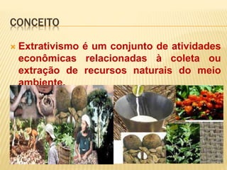 CONCEITO
 Extrativismo é um conjunto de atividades
econômicas relacionadas à coleta ou
extração de recursos naturais do meio
ambiente.
 