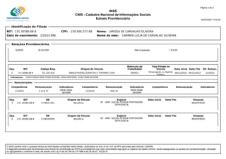 INSS
CNIS - Cadastro Nacional de Informações Sociais
Extrato Previdenciário 24/03/2025 17:42:04
NIT: 131.30580.68-8 CPF: 159.500.257-09 Nome: LARISSA DE CARVALHO OLIVEIRA
Data de nascimento: 23/03/1996 Nome da mãe: CARMEN LUCIA DE CARVALHO OLIVEIRA
Página 4 de 5
Identificação do Filiado
02/2025 35.433.505 Não Cooperado 1.518,00
Código Emp. Origem do Vínculo
Tipo Filiado no
Vínculo Data Início Data Fim Últ. Remun.
Seq. NIT
Matrícula do
Trabalhador
2 05.130.418 ABACOTRAVEL EVENTOS E TURISMO LTDA Empregado ou Agente
Público
28/11/2022 30/12/2022 12/2022
131.30580.68-8 000051
Indicadores: IVIN-POSSUI-REM-TRAB-INTERM, IREM-INDPEND, PVIN-TRAB-INTERM
Competência Remuneração Indicadores Competência Remuneração Indicadores Competência Remuneração Indicadores
Remunerações
11/2022 2.119,77 IREM-TRAB-
INTERM
12/2022 566,76 IREM-TRAB-
INTERM
NB Origem do Vínculo Espécie Data Início Data Fim Situação
Seq. NIT
3 7176611441 87 - AMP. SOCIAL PESSOA PORTADORA
DEFICIENCIA
INDEFERIDO
131.30580.68-8 Benefício
NB Origem do Vínculo Espécie Data Início Data Fim Situação
Seq. NIT
4 7158343856 87 - AMP. SOCIAL PESSOA PORTADORA
DEFICIENCIA
INDEFERIDO
131.30580.68-8 Benefício
Relações Previdenciárias
O INSS poderá rever a qualquer tempo as informações constantes deste extrato, observados os arts.19 ao 19-F do RPS aprovado pelo Decreto 3.048/99.
O segurado somente terá reconhecida como tempo de contribuição ao RGPS a competência cujo valor consolidado seja igual ou superior ao salário mínimo, sendo assegurados os ajustes de complementação, utilização
ou agrupamento, conforme o caso, de acordo com o § 14 do art.195 da CF/1988 e art.29 da EC 103/2019.
 