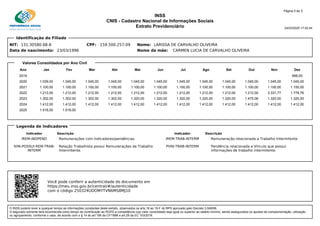 INSS
CNIS - Cadastro Nacional de Informações Sociais
Extrato Previdenciário 24/03/2025 17:42:04
NIT: 131.30580.68-8 CPF: 159.500.257-09 Nome: LARISSA DE CARVALHO OLIVEIRA
Data de nascimento: 23/03/1996 Nome da mãe: CARMEN LUCIA DE CARVALHO OLIVEIRA
Página 5 de 5
Identificação do Filiado
Valores Consolidados por Ano Civil
Ano Jan Fev Mar Abr Mai Jun Jul Ago Set Out Nov Dez
2019 998,00
2020 1.039,00 1.045,00 1.045,00 1.045,00 1.045,00 1.045,00 1.045,00 1.045,00 1.045,00 1.045,00 1.045,00 1.045,00
2021 1.100,00 1.100,00 1.100,00 1.100,00 1.100,00 1.100,00 1.100,00 1.100,00 1.100,00 1.100,00 1.100,00 1.100,00
2022 1.212,00 1.212,00 1.212,00 1.212,00 1.212,00 1.212,00 1.212,00 1.212,00 1.212,00 1.212,00 3.331,77 1.778,76
2023 1.302,00 1.302,00 1.302,00 1.302,00 1.320,00 1.320,00 1.320,00 1.320,00 1.320,00 1.475,06 1.320,00 1.320,00
2024 1.412,00 1.412,00 1.412,00 1.412,00 1.412,00 1.412,00 1.412,00 1.412,00 1.412,00 1.412,00 1.412,00 1.412,00
2025 1.518,00 1.518,00
IREM-INDPEND Remunerações com indicadores/pendências IREM-TRAB-INTERM Remuneração relacionada a Trabalho Intermitente
IVIN-POSSUI-REM-TRAB-
INTERM
Relação Trabalhista possui Remunerações de Trabalho
Intermitente.
PVIN-TRAB-INTERM Pendência relacionada a Vínculo que possui
informações de trabalho intermitente.
Indicador Descrição Indicador Descrição
Legenda de Indicadores
Você pode conferir a autenticidade do documento em
https://meu.inss.gov.br/central/#/autenticidade
com o código 250324UDOMYTVN6MS8MJ10
O INSS poderá rever a qualquer tempo as informações constantes deste extrato, observados os arts.19 ao 19-F do RPS aprovado pelo Decreto 3.048/99.
O segurado somente terá reconhecida como tempo de contribuição ao RGPS a competência cujo valor consolidado seja igual ou superior ao salário mínimo, sendo assegurados os ajustes de complementação, utilização
ou agrupamento, conforme o caso, de acordo com o § 14 do art.195 da CF/1988 e art.29 da EC 103/2019.
 