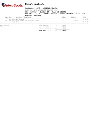 Extrato de Conta
                                    Condomínio: 0577 - MORADAS PELOTAS
                                    Endereço: RUA SANTIAGO DANTAS, 235
                                    Mês: 12/2012    Conta: 08 - SALAO DE FESTAS
                                    Período: 01 a 31    Data: 18/02/2013 Hora: 18:24:01                         Folha: 026
                                    Assessor: DANIELA
       Seq.: Dia        Histórico / Complemento                                              Débito       Crédito           Saldo
====================================================================================================================================
              01 SALDO MES ANTERIOR                                                                                         1,536.00
       0001   19 REC.ALUGUEL ANTENA REF. FRAGATECH INFORM.                                                    200.00
                  Saldo Atual                                                                                               1,736.00
------------------------------------------------------------------------------------------------------------------------------------

Resp. Técnico:                                           Saldo Anterior............:     1,536.00
CRC:                                                     Total do Crédito .........:       200.00
                                                         Total do Débito ..........:         0.00
                                                                                   --------------------
                                                         Saldo Geral ..............:     1,736.00
 