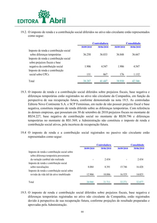 19.2. O imposto de renda e a contribuição social diferidos no ativo não circulante estão representados
      como segue:

                                                                  Controladora                      Consolidado
                                                     30/09/2010         30/06/2010     30/09/2010       30/06/2010
      Imposto de renda e contribuição social
        sobre diferenças temporárias                  36.250             36.033         36.848           36.667
      Imposto de renda e contribuição social
       sobre prejuízos fiscais e base
       negativa da contribuição social                    1.906            4.547          1.906            4.547
      Imposto de renda e contribuição
       social sobre CPCs                                    131              867            176            1.132

      Total                                           38.287             41.447         38.930           42.346


19.3. O imposto de renda e a contribuição social diferidos sobre prejuízos fiscais, base negativa e
      diferenças temporárias estão registrados no ativo não circulante da Companhia, em função da
      perspectiva de sua recuperação futura, conforme demonstrado na nota 19.5. As controladas
      Editora Novo Continente S.A. e SCP Femininas, em razão de não possuir prejuízo fiscal e base
      negativa, constituiu imposto de renda diferido sobre as diferenças temporárias. Com referência
      às demais empresas, que possuíam em 30 de setembro de 2010 prejuízos fiscais no montante de
      R$34.227, base negativa de contribuição social no montante de R$30.796 e diferenças
      temporárias no montante de R$1.569, a Administração não constituiu o imposto de renda e
      contribuição social ativos, pela incerteza de recuperação futura.

19.4 O imposto de renda e a contribuição social registrados no passivo não circulante estão
     representados como segue:

                                                                       Controladora                     Consolidado
                                                          30/09/2010      30/06/2010     30/09/2010        30/06/2010
      Imposto de renda e contribuição social sobre
        sobre diferença temporária proveniente
        da variação cambial não realizada                         -           2.434                 -          2.434
      Imposto de renda e contribuição social
        sobre reavaliações                                   8.084            8.391         15.746           16.420
      Imposto de renda e contribuição social sobre
        revisão da vida útil do ativo imobilizado           12.904           10.886         16.525           14.023

      Total                                                 20.988           21.711         32.271           32.877


19.5. O imposto de renda e contribuição social diferidos sobre prejuízos fiscais, base negativa e
      diferenças temporárias registradas no ativo não circulante da Companhia, estão registrados
      devido à perspectiva de sua recuperação futura, conforme projeções de resultado preparadas e
      aprovadas pela Administração.

                                                     44
 