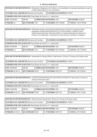 8 - BENS E SERVIÇOS

DESCRIÇÃO DO BEM/SERVIÇO: Determinar o Diagnóstico da Violência e Criminalidade no município apontando as causas
                          e efeitos determinantes ao seu crescimento.
NATUREZA DA AQUISIÇÃO: Recursos do Convênio            NATUREZA DA DESPESA: 339039

ENDEREÇO DE LOCALIZAÇÃO: Praça Duque de Caxias, s/n – Jequiezinho

CEP: 45200-000         UF: BA          CÓDIGO DO MUNICÍPIO: 3661                    MUNICÍPIO: JEQUIE

UNIDADE: un            QUANTIDADE: 1,00            V. UNITÁRIO: R$ 87.000,00        V.TOTAL: R$ 87.000,00



DESCRIÇÃO DO BEM/SERVIÇO: Elaboração de plano municipal para planejamento das ações de segurança urbana
                          integrando a Guarda Municipal Polícia Civil, Polícia Militar, Conselho Tutelar,
                          Administração Municipal, Ministério Público, Conselho Municipal dos Direitos da
                          Criança e do Adolescente e instituições de Ações Sociais e de defesa à Cidadania.


NATUREZA DA AQUISIÇÃO: Recursos do Convênio            NATUREZA DA DESPESA: 339039

ENDEREÇO DE LOCALIZAÇÃO: Praça Duque de Caxias, s/n – Jequiezinho

CEP: 45200-000         UF: BA          CÓDIGO DO MUNICÍPIO: 3661                    MUNICÍPIO: JEQUIE

UNIDADE: un            QUANTIDADE: 1,00            V. UNITÁRIO: R$ 53.000,00        V.TOTAL: R$ 53.000,00



DESCRIÇÃO DO BEM/SERVIÇO: Apropriação do Espaço Público Carga horária: 20 horas (2 Turmas de 40 alunos cada)


NATUREZA DA AQUISIÇÃO: Recursos do Convênio            NATUREZA DA DESPESA: 339039

ENDEREÇO DE LOCALIZAÇÃO: Praça Duque de Caxias, s/n – Jequiezinho

CEP: 45200-000         UF: BA          CÓDIGO DO MUNICÍPIO: 3661                    MUNICÍPIO: JEQUIE

UNIDADE: H-AULA        QUANTIDADE: 40,00           V. UNITÁRIO: R$ 87,50            V.TOTAL: R$ 3.500,00



DESCRIÇÃO DO BEM/SERVIÇO: A GESTÃO INTEGRADA DA SEGURANÇA PÚBLICA Carga horária: 10 horas (2
                          Turmas de 40 alunos cada)
NATUREZA DA AQUISIÇÃO: Recursos do Convênio            NATUREZA DA DESPESA: 339039
ENDEREÇO DE LOCALIZAÇÃO: Praça Duque de Caxias, s/n – Jequiezinho

CEP: 45200-000         UF: BA          CÓDIGO DO MUNICÍPIO: 3661                    MUNICÍPIO: JEQUIE

UNIDADE: H-AULA        QUANTIDADE: 20,00           V. UNITÁRIO: R$ 87,50            V.TOTAL: R$ 1.750,00



DESCRIÇÃO DO BEM/SERVIÇO: Defesa Pessoal Carga horária: 40 horas (2 Turmas de 40 alunos cada)

NATUREZA DA AQUISIÇÃO: Recursos do Convênio            NATUREZA DA DESPESA: 339039

ENDEREÇO DE LOCALIZAÇÃO: Praça Duque de Caxias, s/n – Jequiezinho

CEP: 45200-000         UF: BA          CÓDIGO DO MUNICÍPIO: 3661                    MUNICÍPIO: JEQUIE

UNIDADE: H-AULA        QUANTIDADE: 80,00           V. UNITÁRIO: R$ 87,50            V.TOTAL: R$ 7.000,00




                                                   13 / 19
 