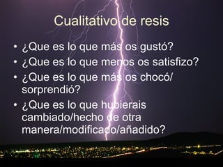 Cualitativo de resis ¿Que es lo que más os gustó?   ¿Que es lo que menos os satisfizo?  ¿Que es lo que más os chocó/ sorprendió?  ¿Que es lo que hubierais cambiado/hecho de otra manera/modificado/añadido?    