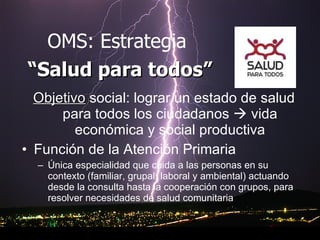 Objetivo   social:   lograr un estado de salud para todos los ciudadanos    vida económica y social productiva Función de la Atención Primaria Única especialidad que cuida a las personas en su contexto (familiar, grupal, laboral y ambiental) actuando desde la consulta hasta la cooperación con grupos, para resolver necesidades de salud comunitaria OMS: Estrategia  “ Salud para todos” 
