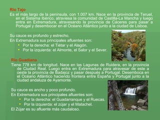 Río Tajo Es el más largo de la península, con 1.007 km. Nace en la provincia de Teruel, en el Sistema Ibérico, atraviesa la comunidad de Castilla-La Mancha y luego entra en Extremadura, atravesando la provincia de Cáceres para pasar a Portugal y desembocar en el Océano Atlántico junto a la ciudad de Lisboa.  Su cauce es profundo y estrecho. En Extremadura sus principales afluentes son:  Por la derecha: el Tiétar y el Alagón.  Por la izquierda: el Almonte, el Salor y el Sever.   Río Guadiana Tiene 778 km de longitud. Nace en las Lagunas de Ruidera, en la provincia de Ciudad Real. Luego entra en Extremadura para atravesar de este a oeste la provincia de Badajoz y pasar después a Portugal. Desemboca en el Océano Atlántico haciendo frontera entre España y Portugal junto a la ciudad andaluza de Ayamonte. Su cauce es ancho y poco profundo.  En Extremadura sus principales afluentes son:  Por la derecha: el Guadarranque y el Ruecas.  Por la izquierda: el zújar y el Matachel.  El Zújar es su afluente más caudaloso.  