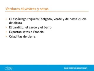 Verduras silvestres y setas
• El espárrago triguero: delgado, verde y de hasta 20 cm
de altura
• El cardillo, el cardo y el berro
• Exportan setas a Francia
• Criadillas de tierra

 