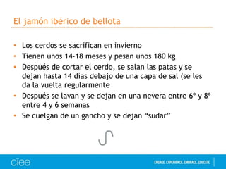 El jamón ibérico de bellota
• Los cerdos se sacrifican en invierno
• Tienen unos 14-18 meses y pesan unos 180 kg
• Después de cortar el cerdo, se salan las patas y se
dejan hasta 14 días debajo de una capa de sal (se les
da la vuelta regularmente
• Después se lavan y se dejan en una nevera entre 6º y 8º
entre 4 y 6 semanas
• Se cuelgan de un gancho y se dejan “sudar”

 