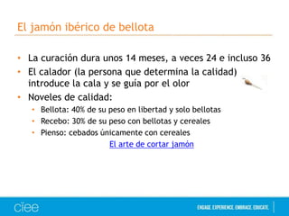 El jamón ibérico de bellota
• La curación dura unos 14 meses, a veces 24 e incluso 36
• El calador (la persona que determina la calidad)
introduce la cala y se guía por el olor
• Noveles de calidad:
• Bellota: 40% de su peso en libertad y solo bellotas
• Recebo: 30% de su peso con bellotas y cereales
• Pienso: cebados únicamente con cereales
El arte de cortar jamón

 