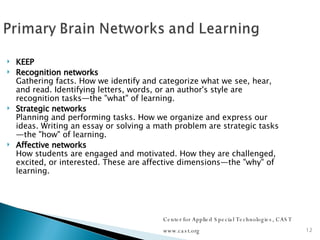 KEEP Recognition networks Gathering facts. How we identify and categorize what we see, hear, and read. Identifying letters, words, or an author's style are recognition tasks—the "what" of learning. Strategic networks Planning and performing tasks. How we organize and express our ideas. Writing an essay or solving a math problem are strategic tasks—the "how" of learning. Affective networks How students are engaged and motivated. How they are challenged, excited, or interested. These are affective dimensions—the "why" of learning. Center for Applied Special Technologies, CAST www.cast.org 