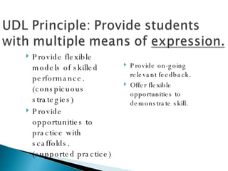 Provide flexible models of skilled performance. (conspicuous strategies) Provide opportunities to practice with scaffolds. (supported practice) Provide on-going relevant feedback. Offer flexible opportunities to demonstrate skill. 