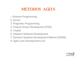 METODOS AGEIS Extreme Programming Scrum Pragmatic Programming Feature Driven Development (FDD) Crystal Adaptive Software Development Dynamic Systems Development Method (DSDM) Agile Lean Development (LD) 