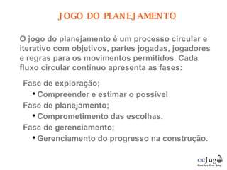 Fase de exploração; Compreender e estimar o possível Fase de planejamento; Comprometimento das escolhas. Fase de gerenciamento; Gerenciamento do progresso na construção. O jogo do planejamento é um processo circular e iterativo com objetivos, partes jogadas, jogadores e regras para os movimentos permitidos. Cada fluxo circular contínuo apresenta as fases: JOGO DO PLANEJAMENTO 