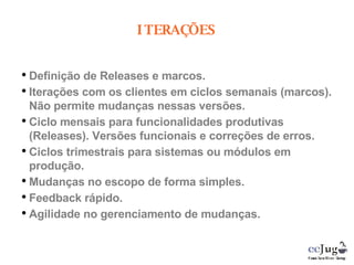 Definição de Releases e marcos. Iterações com os clientes em ciclos semanais (marcos). Não permite mudanças nessas versões. Ciclo mensais para funcionalidades produtivas (Releases). Versões funcionais e correções de erros. Ciclos trimestrais para sistemas ou módulos em produção.  Mudanças no escopo de forma simples. Feedback rápido. Agilidade no gerenciamento de mudanças. ITERAÇÕES 