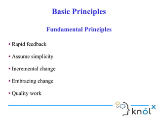 Basic PrinciplesBasic Principles
● Rapid feedback
● Assume simplicity
● Incremental change
● Embracing change
● Quality work
● Rapid feedback
● Assume simplicity
● Incremental change
● Embracing change
● Quality work
Fundamental PrinciplesFundamental Principles
 