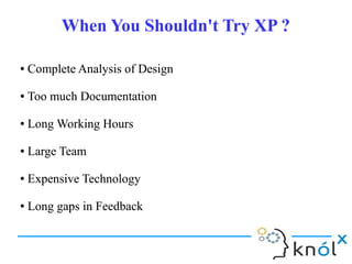 When You Shouldn't Try XP ?When You Shouldn't Try XP ?
● Complete Analysis of Design
● Too much Documentation
● Long Working Hours
● Large Team
● Expensive Technology
● Long gaps in Feedback
● Complete Analysis of Design
● Too much Documentation
● Long Working Hours
● Large Team
● Expensive Technology
● Long gaps in Feedback
 