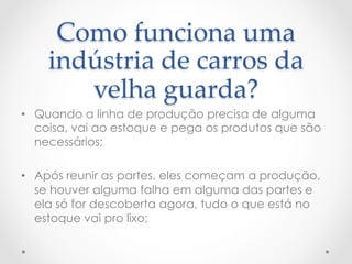 Como  funciona  uma  
    indústria  de  carros  da  
       velha  guarda?	
•  Quando a linha de produção precisa de alguma
   coisa, vai ao estoque e pega os produtos que são
   necessários;

•  Após reunir as partes, eles começam a produção,
   se houver alguma falha em alguma das partes e
   ela só for descoberta agora, tudo o que está no
   estoque vai pro lixo;
 