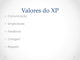 Valores  do  XP	
•  Comunicação

•  Simplicidade

•  Feedback

•  Coragem

•  Respeito
 