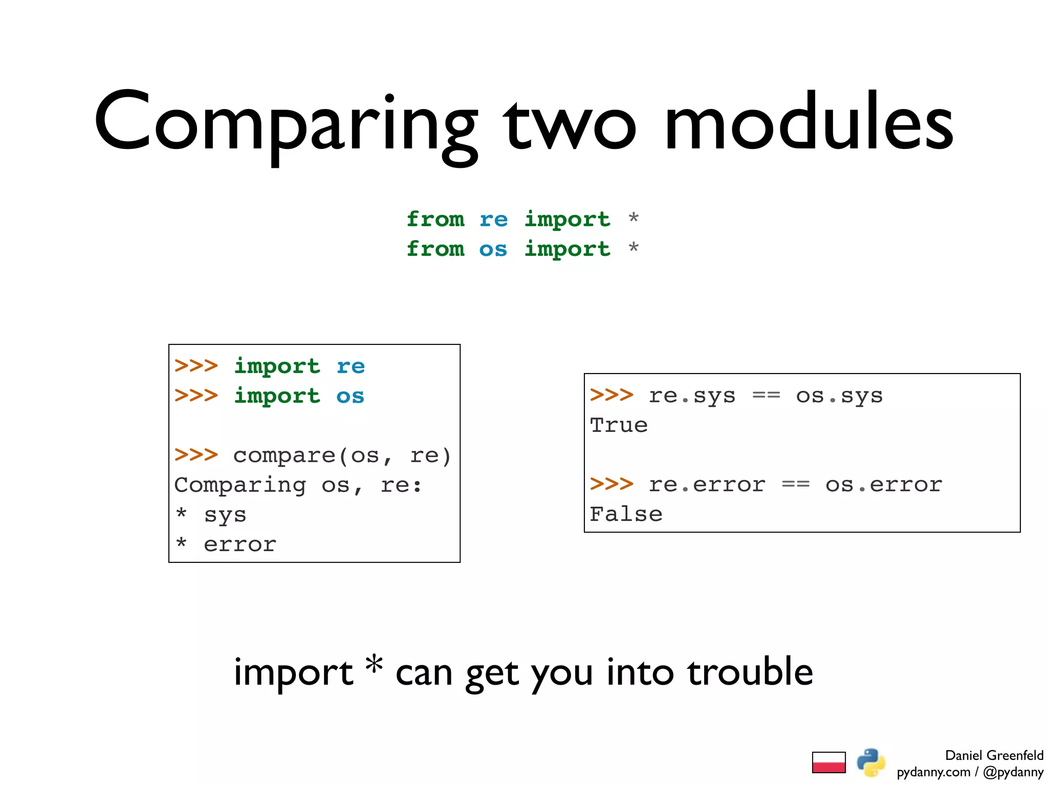 Comparing two modules
                 from re import *
                 from os import *



 >>> import re
 >>> import os               >>> re.sys == os.sys
                             True
 >>> compare(os, re)
 Comparing os, re:           >>> re.error == os.error
 * sys                       False
 * error




     import * can get you into trouble
                                                            Daniel Greenfeld
                                                    pydanny.com / @pydanny
 