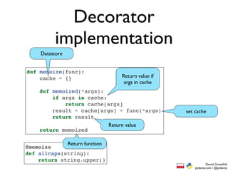 Decorator
          implementation
     Datastore


def memoize(func):
    cache = {}                 Return value if
                                args in cache
    def memoized(*args):
        if args in cache:
            return cache[args]
        result = cache[args] = func(*args)       set cache
        return result
                          Return value
    return memoized

             Return function
@memoize
def allcaps(string):
    return string.upper()
                                                             Daniel Greenfeld
                                                     pydanny.com / @pydanny
 