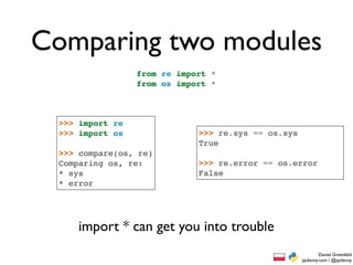 Comparing two modules
                 from re import *
                 from os import *



 >>> import re
 >>> import os               >>> re.sys == os.sys
                             True
 >>> compare(os, re)
 Comparing os, re:           >>> re.error == os.error
 * sys                       False
 * error




     import * can get you into trouble
                                                            Daniel Greenfeld
                                                    pydanny.com / @pydanny
 