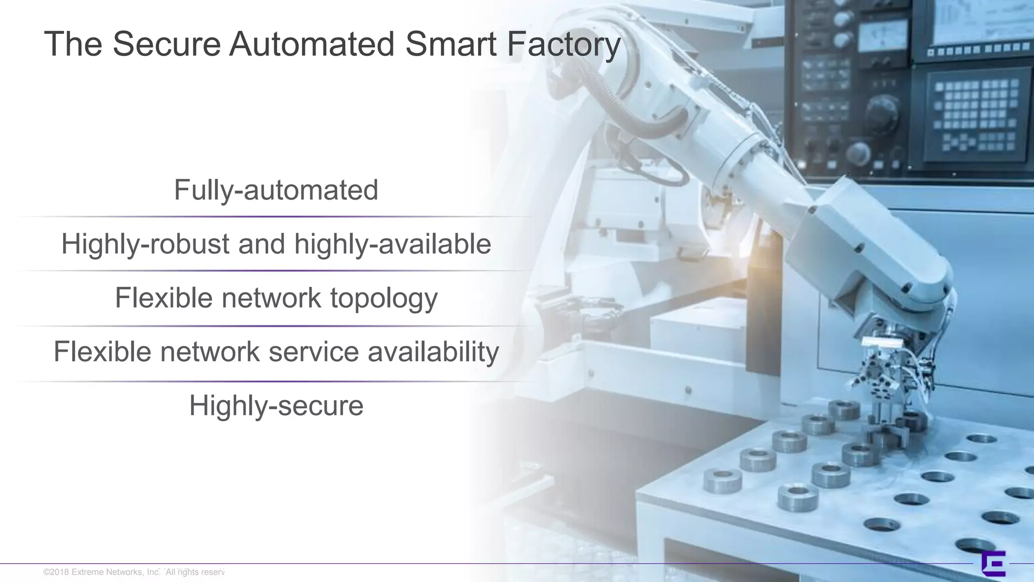 ©2017 Extreme Networks, Inc. All rights reserved©2018 Extreme Networks, Inc. All rights reserved
The Secure Automated Smart Factory
Fully-automated
Highly-robust and highly-available
Flexible network topology
Flexible network service availability
Highly-secure
 