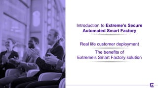 ©2017 Extreme Networks, Inc. All rights reserved©2018 Extreme Networks, Inc. All rights reserved
Introduction to Extreme’s Secure
Automated Smart Factory
Real life customer deployment
The benefits of
Extreme’s Smart Factory solution
3
 