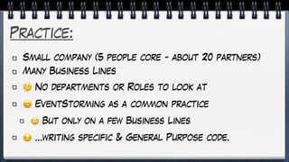 Practice:
Small company (5 people core - about 20 partners)
Many Business Lines
🤔 No departments or Roles to look at
😊 EventStorming as a common practice
🙄 But only on a few Business Lines
😏 …writing specific & General Purpose code.
 