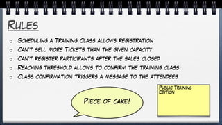 Rules
Scheduling a Training Class allows registration
Can’t sell more Tickets than the given capacity
Can’t register participants after the sales closed
Reaching threshold allows to confirm the training class
Class confirmation triggers a message to the attendees
Public Training
Edition
Piece of cake!
 