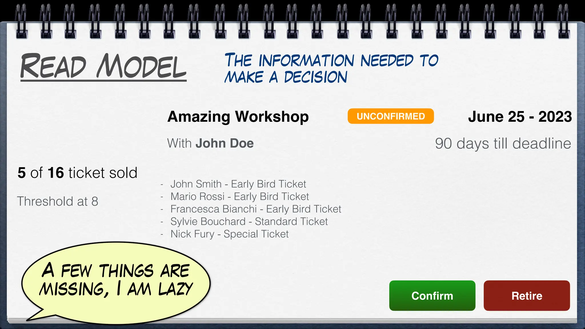 Read Model
Con
fi
rm Retire
Amazing Workshop
With John Doe
June 25 - 2023
90 days till deadline
5 of 16 ticket sold
UNCONFIRMED
Threshold at 8
- John Smith - Early Bird Ticket
- Mario Rossi - Early Bird Ticket
- Francesca Bianchi - Early Bird Ticket
- Sylvie Bouchard - Standard Ticket
- Nick Fury - Special Ticket
The information needed to
make a decision
A few things are
missing, I am lazy
 