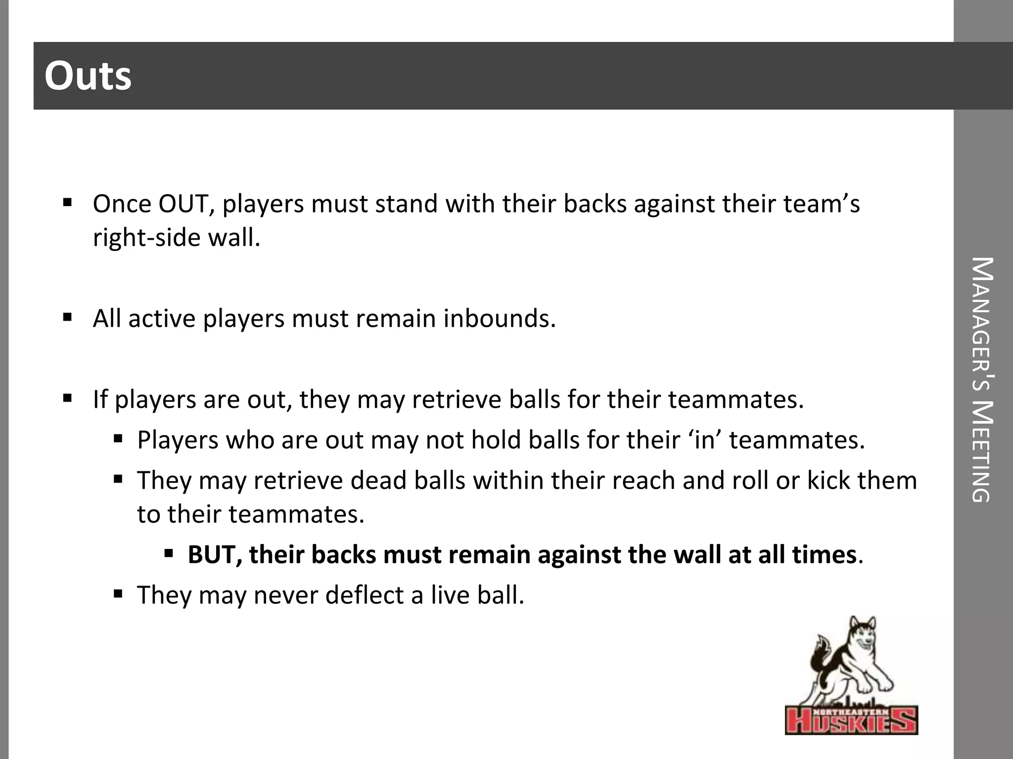 Manager's MeetingStarting a GameAt the beginning of the game, two balls are given to each team.