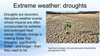 Extreme weather: droughts
Droughts are recurrent,
disruptive weather events
whose impacts are often
compounded by extreme
and prolonged heat
waves. Climate change is
making these “hot
droughts” significantly
hotter - and longer - than
they used to be.
Significant changes in dry and wet event characteristics
are expected in Italy
 