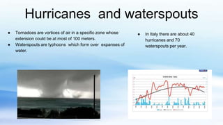 Hurricanes and waterspouts
● Tornadoes are vortices of air in a specific zone whose
extension could be at most of 100 meters.
● Waterspouts are typhoons which form over expanses of
water.
● In Italy there are about 40
hurricanes and 70
waterspouts per year.
 