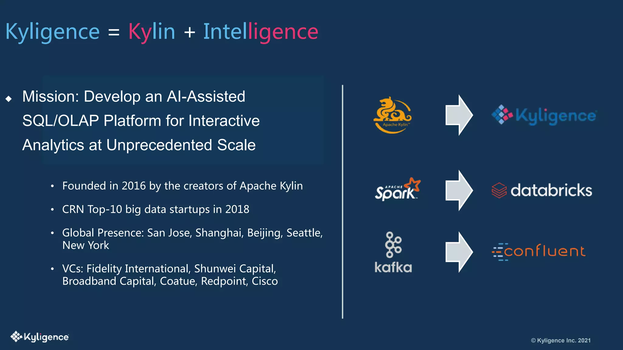 © Kyligence Inc. 2021
Kyligence = Kylin + Intelligence
 Mission: Develop an AI-Assisted
SQL/OLAP Platform for Interactive
Analytics at Unprecedented Scale
• Founded in 2016 by the creators of Apache Kylin
• CRN Top-10 big data startups in 2018
• Global Presence: San Jose, Shanghai, Beijing, Seattle,
New York
• VCs: Fidelity International, Shunwei Capital,
Broadband Capital, Coatue, Redpoint, Cisco
 