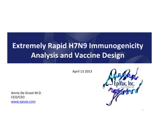 Extremely	
  Rapid	
  H7N9	
  Immunogenicity	
  
      Analysis	
  and	
  Vaccine	
  Design	
  
                                       April	
  13	
  2013	
  




Annie	
  De	
  Groot	
  M.D.	
  	
  
CEO/CSO	
  
www.epvax.com	
  	
  
	
  
                                                                 1	
  
 