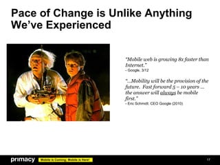 Pace of Change is Unlike Anything
We’ve Experienced

                                         “Mobile web is growing 8x faster than
                                         Internet.”
                                         - Google, 3/12


                                         “…Mobility will be the provision of the
                                         future. Fast forward 5 – 10 years …
                                         the answer will always be mobile
                                         first.”
                                         - Eric Schmidt: CEO Google (2010)




     Mobile is Coming; Mobile is Here!                                         17
 