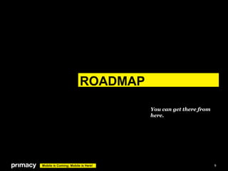 ROADMAP

                                    You can get there from
                                    here.




Mobile is Coming; Mobile is Here!                            9
 