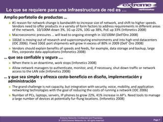 Lo que se requiere para una infraestructura de red es …Page 7Amplio porfatolio de productos …#1 reason for network change is bandwidth to increase size of network, and shift to higher speeds. Vendors need to offer products in a variety of form factors to address requirements in different areas of the network.  10/100M down 3%, 1G up 22%, 10G up 38%, PoE up 33% (Infonetics 2008)