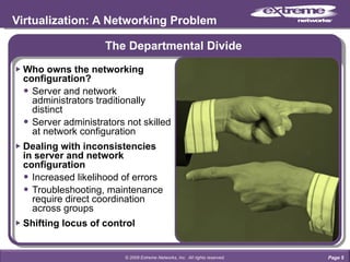 The Departmental Divide Who owns the networking configuration? Server and network  administrators traditionally  distinct Server administrators not skilled  at network configuration Dealing with inconsistencies  in server and network  configuration Increased likelihood of errors Troubleshooting, maintenance  require direct coordination  across groups Shifting locus of control Virtualization: A Networking Problem Page  © 2009 Extreme Networks, Inc.  All rights reserved. 