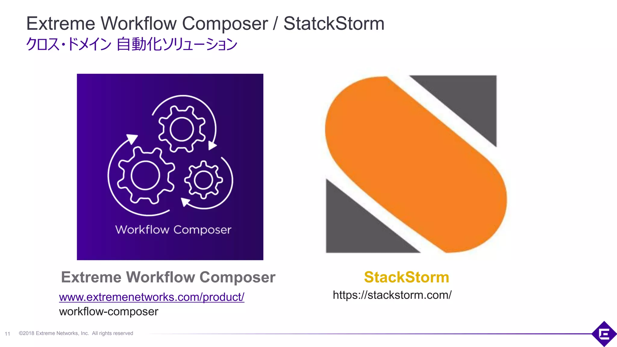 ©2018 Extreme Networks, Inc. All rights reserved
Extreme Workflow Composer / StatckStorm
11
StackStorm
https://stackstorm.com/www.extremenetworks.com/product/
workflow-composer
Extreme Workflow Composer
クロス・ドメイン 自動化ソリューション
 