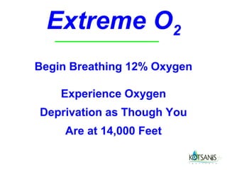 Extreme O2
Begin Breathing 12% Oxygen

    Experience Oxygen
Deprivation as Though You
     Are at 14,000 Feet

                             8
 