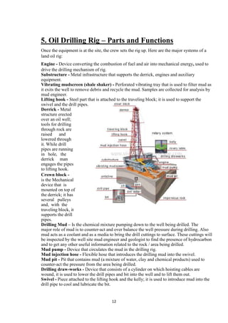 5. Oil Drilling Rig – Parts and Functions
Once the equipment is at the site, the crew sets the rig up. Here are the major systems of a
land oil rig:
Engine - Device converting the combustion of fuel and air into mechanical energy, used to
drive the drilling mechanism of rig.
Substructure - Metal infrastructure that supports the derrick, engines and auxiliary
equipment.
Vibrating mudscreen (shale shaker) - Perforated vibrating tray that is used to filter mud as
it exits the well to remove debris and recycle the mud. Samples are collected for analysis by
mud engineer.
Lifting hook - Steel part that is attached to the traveling block; it is used to support the
swivel and the drill pipes.
Derrick - Metal
structure erected
over an oil well;
tools for drilling
through rock are
raised     and
lowered through
it. While drill
pipes are running
in hole, the
derrick man
engages the pipes
to lifting hook.
Crown block -
is the Mechanical
device that is
mounted on top of
the derrick; it has
several pulleys
and, with the
traveling block, it
supports the drill
pipes.
Drilling Mud – Is the chemical mixture pumping down to the well being drilled. The
major role of mud is to counter-act and over balance the well pressure during drilling. Also
mud acts as a coolant and as a media to bring the drill cuttings to surface. These cuttings will
be inspected by the well site mud engineer and geologist to find the presence of hydrocarbon
and to get any other useful information related to the rock / area being drilled.
Mud pump - Device that circulates the mud in the drilling rig.
Mud injection hose - Flexible hose that introduces the drilling mud into the swivel.
Mud pit - Pit that contains mud (a mixture of water, clay and chemical products) used to
counter-act the pressure from the area being drilled.
Drilling draw-works - Device that consists of a cylinder on which hoisting cables are
wound, it is used to lower the drill pipes and bit into the well and to lift them out.
Swivel - Piece attached to the lifting hook and the kelly; it is used to introduce mud into the
drill pipe to cool and lubricate the bit.


                                       12
 