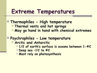 Extreme Temperatures
 Thermophiles - High temperature
 Thermal vents and hot springs
 May go hand in hand with chemical extremes
 Psychrophiles - Low temperature
 Arctic and Antarctic
 1/2 of earth’s surface is oceans between 1-40
C
 Deep sea –10
C to 40
C
 Most rely on photosynthesis
 