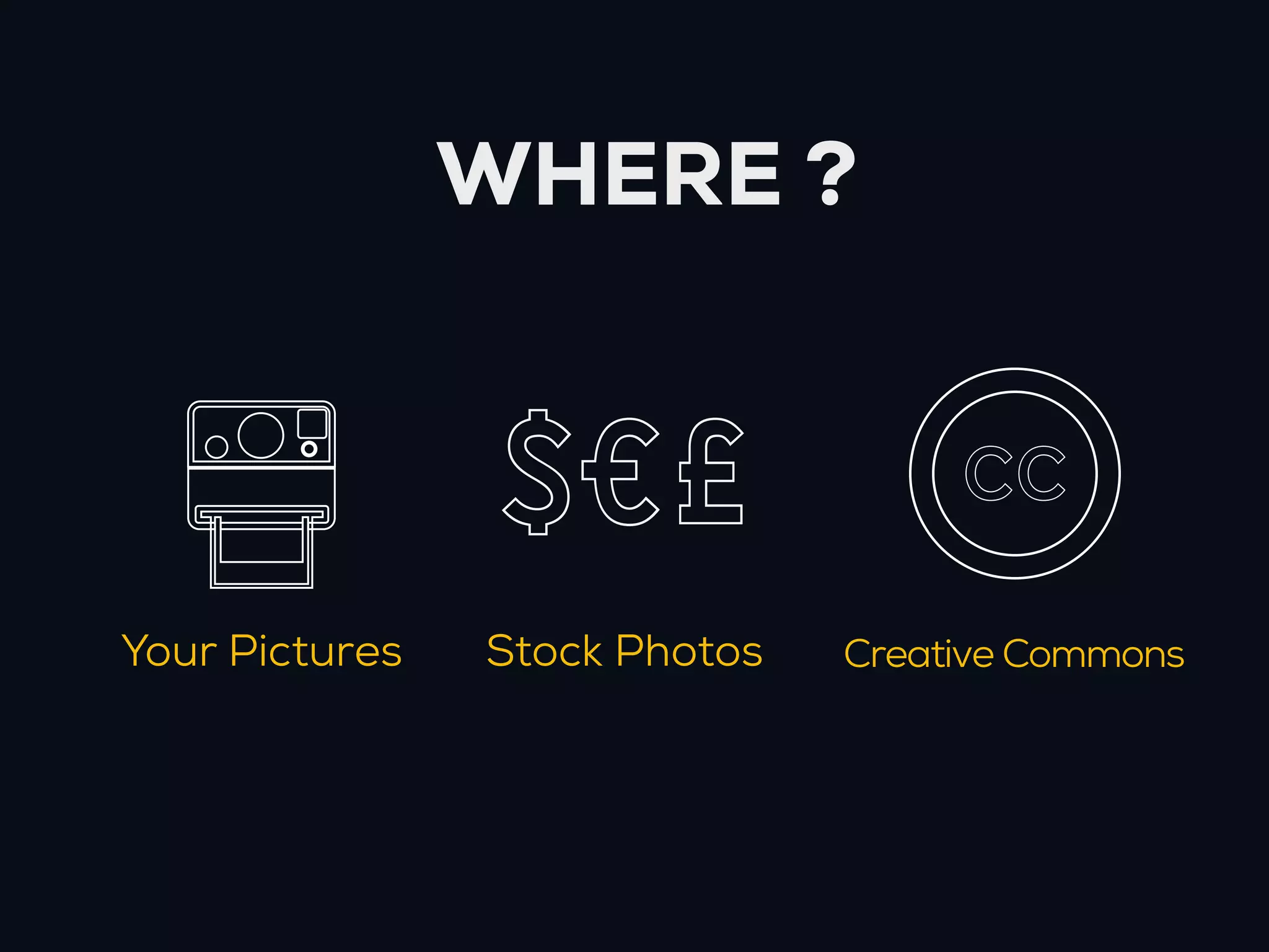 WHERE ?


                 $€£                CC

Your Pictures   Stock Photos   Creative Commons
 